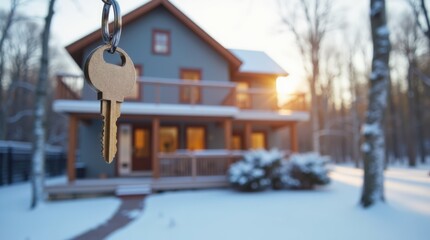 Key with house shaped keychain. Modern country private house with winter snowy garden on the background. Real estate, moving home or renting property concept. 