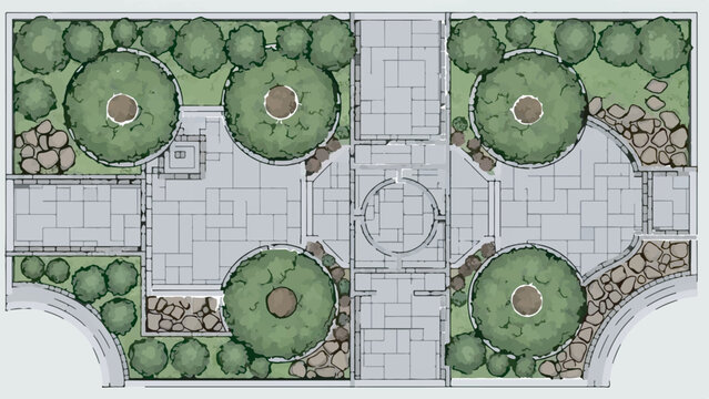 Elegant garden plan with symmetrical pathways, manicured trees, and stone accents