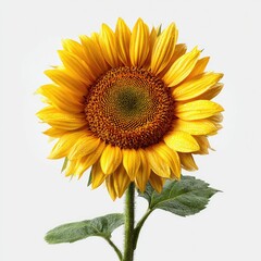 Obraz premium Bright sunflower with vibrant yellow petals and a brown center, green stem and leaves against a plain background