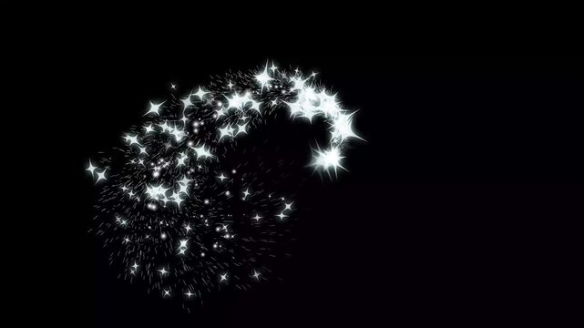 Magic tail sparkling glitter star dust trail loop animation on black screen background, flat vector doodle sparkle, glowing light trails, Falling white glitter particle stars shining in the night sky