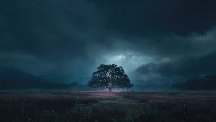 Solitary tree standing in field under stormy sky, mist rising, moody & evocative landscape painting ambiance