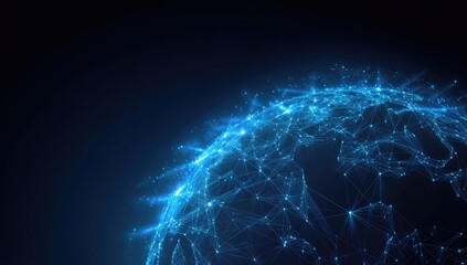Abstract digital globe, glowing blue network of connected dots and lines against a dark, gradient backdrop