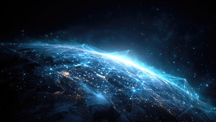Luminous interconnected network spanning a globe against a dark, starry backdrop