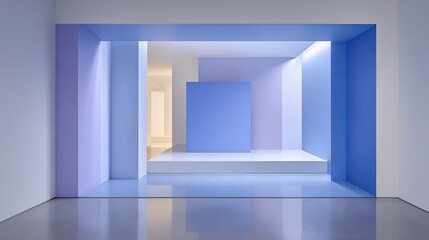 A design installation displays Pantone color blocks in a modern room. The colors interact with light, highlighting various shapes and forms in the space