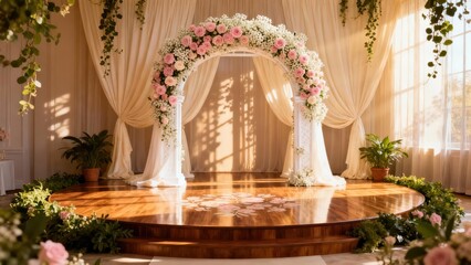Obraz premium Curved white wedding arch adorned lavishly with blush pink roses and white baby's breath flowers set on a raised circular wooden stage.
