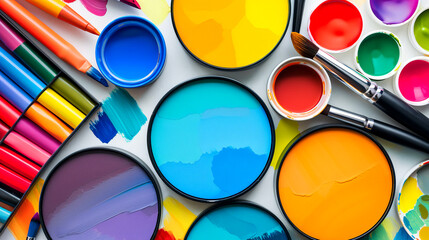 Color samples and art supplies are arranged in a flat-lay pattern on a table in a studio. Various tools and colors are visible, showcasing creative options