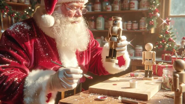 Santa Claus crafting nutcrackers in his workshop during Christmas season.