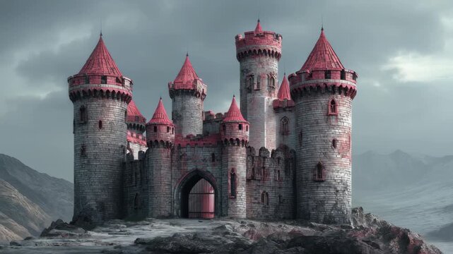 Historic stone castle with red turrets surrounded by a rocky landscape under a cloudy sky