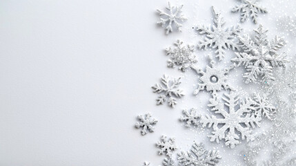 A wedding invitation shows silver foil snowflake motifs on a simple background. This design is suitable for a winter wedding celebration