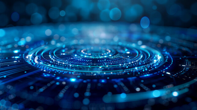 Futuristic digital interface shows life insurance features and options within a virtual space. The design includes flowing data and glowing patterns