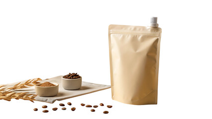 Artisan Product Package: An elegantly designed pouch, coupled with a curated selection of culinary elements, arranged on a linen cloth and ready for promotion. 