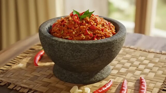 Freshly Made Sambal Ulek in a Stone Mortar with Ingredients.
