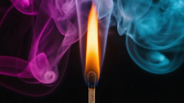 A single matchstick ignites with a vibrant orange and yellow flame, standing out against a deep black background. Dynamic plumes of vivid pink and serene blue smoke elegantly swirl and intermingle aro