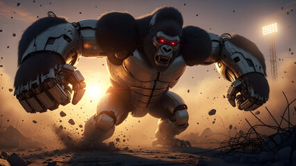 Giant robotic gorilla roaring in a desolate, futuristic landscape