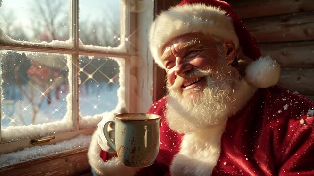 Santa Claus Enjoying a Warm Drink by a Snowy Window.