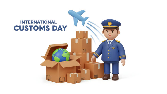 International customs day illustration with packages, globe, airplane, and customs officer. Suitable for promoting customsrelated events or services.