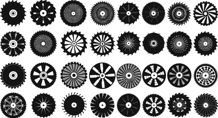 Saw blade silhouette set, circular tool icons, black vector gears, industrial design, mechanical shapes, cutting edge graphics, abstract wheels