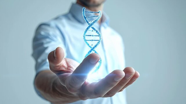 Man Holding a Digital Blue Dna String in the Palm of His Hand on a Light Background and Wearing a Light Blue Buttoned Shirt