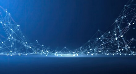 A blue and white abstract digital network with glowing nodes and lines.