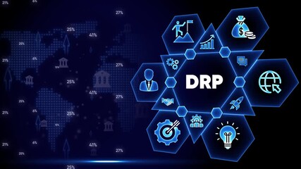 DRP Disaster Recovery Plan network diagram with icons and world map background business continuity