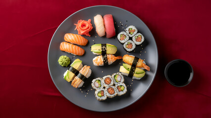 Assorted Japanese Sushi and Maki Rolls Platter on Dark Plate with Soy Sauce