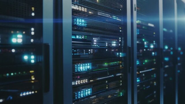 Digital fiber optic cables connect server rack equipment inside a network datacenter room