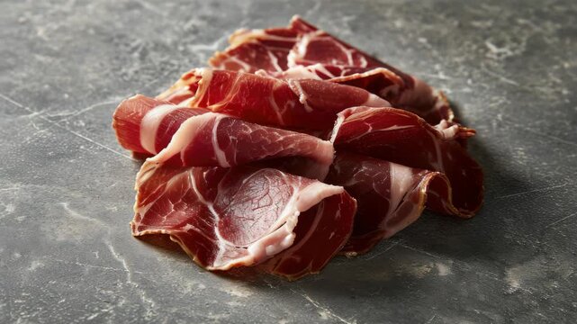 A piece of meat with a pinkish color. It is sliced and placed on a counter. The meat is cut into small pieces