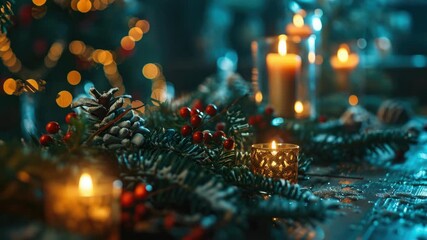 A table is decorated with candles and pine cones. The pine cones are scattered around the table, and the candles are lit, creating a warm and cozy atmosphere. The table is set for a special occasion