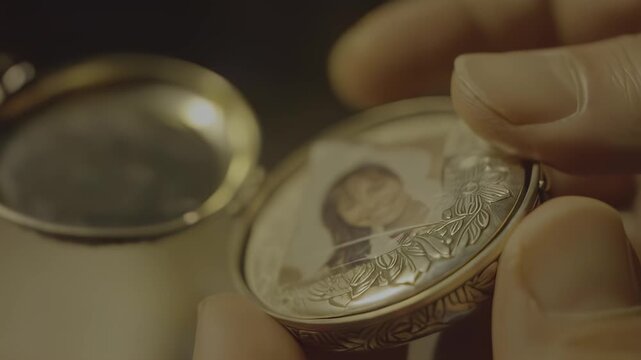 A person holds open a locket revealing a smiling woman's photo