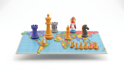 Chess pieces strategically placed on world map. Ideal for strategic planning, global business, tactics, leadership concepts, competitive intelligence visuals.
