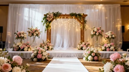 Elegant indoor wedding ceremony backdrop featuring a wooden arbor, sheer white curtains, cascading fairy lights, and blush floral arrangements.