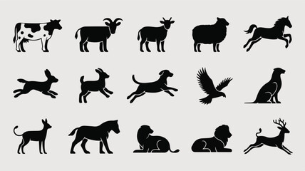 Fototapeta premium Wild animals silhouette illustrations icon set. Including fauna, lion, tiger, elephant, deer, wolf, bear, giraffe, zebra, rhino, hippo, buffalo, fox, panther, cheetah, jaguar, monkey, bird, hawk.
