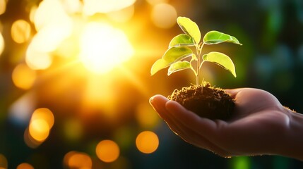 Green Seedling Growing in Hand Under Sunlight with Bokeh Background