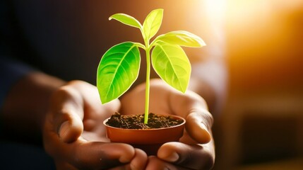 Hands Holding a Small Green Plant in a Terracotta Pot with Bright Sunlight