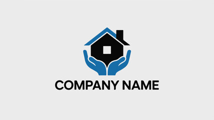 Minimalist real estate logo black house with white window, gray roof, cradled by blue hands, bold sans-serif text below, conveys home care, security, protection.