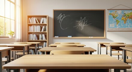 Fototapeta premium An empty classroom with desks and chairs, a blackboard, and a world map on the wall.
