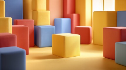 Colorful soft cubes in playroom. Large yellow foam cube in center, surrounded by red, blue and orange padded blocks, safe children seating and play elements, bright background, no people.