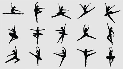 Male and female ballet dancers in various elegant poses silhouette illustrations dynamicicon set. 