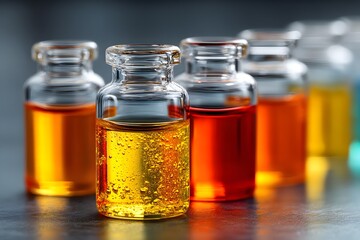 Close-up of small glass vials with colorful liquids and bubbles Image