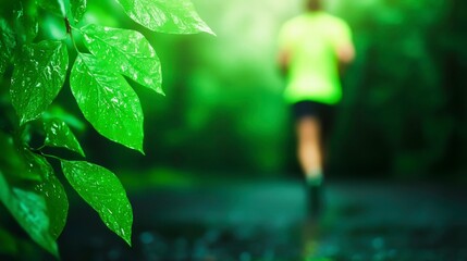 Focused Runner in Green Nature Path Surrounded by Lush Leaves and Light