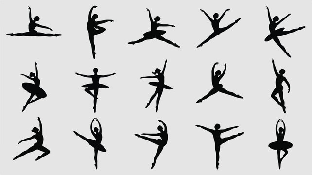 Male and female ballet dancers in various elegant poses silhouette illustrations dynamicicon set.   