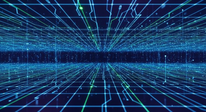 A digital grid with blue and green lines and dots, creating a futuristic and technological atmosphere. - Powered by Adobe