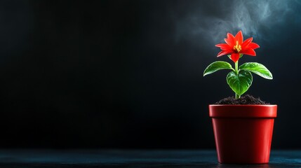 Vibrant Red Flower Growing in Pot with Dark Background and Smoke Effect