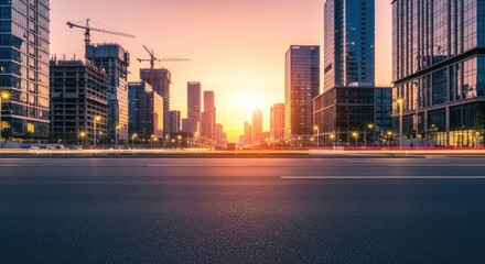 Modern cityscape with high-rise buildings and construction cranes at sunset.