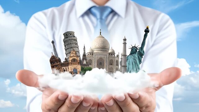 Man Holding Cloud With World Landmarks Under Blue Sky