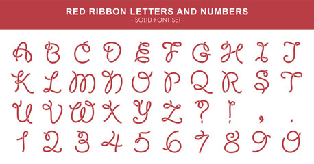 Red ribbon letters and numbers - solid font set