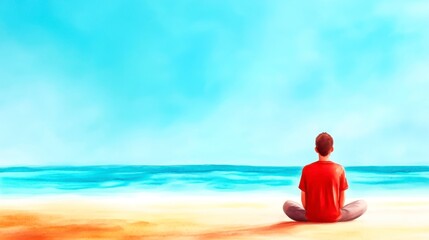 Fototapeta premium Person Meditating on Beach with Serene Ocean and Bright Sky Background