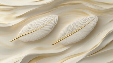 Naklejka premium Two off-white feathers with gold accents rest on a creamy, wavy surface
