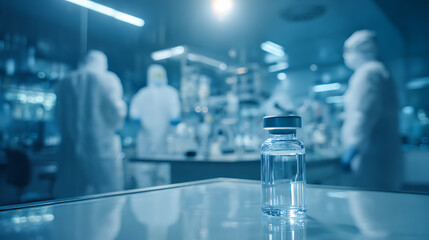 A vial of clear liquid sits on a sterile surface, with scientists in protective suits working in the background. A scene of a medical laboratory and pharmaceutical research.