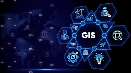 Geographic Information System GIS concept with icons and world map digital background technology data - Powered by Adobe